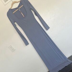 SKIMS Blue Plunge Neck Long Sleeve Bodycon Dress